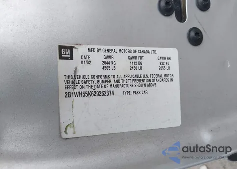 2002 Chevrolet Impala Ls z USA, uszkodzony, nr VIN 2G1WH55K629262374